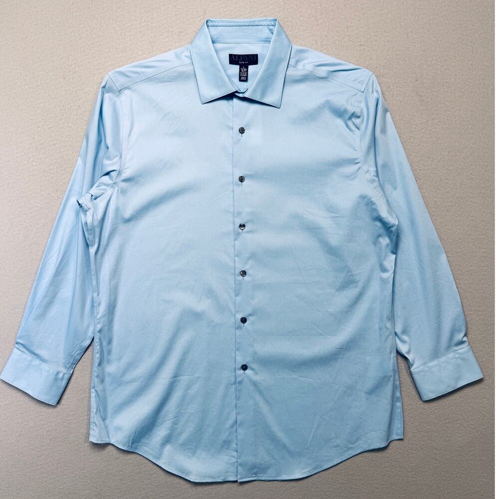 Alfani Men's Regular Fit Stain Resistant Dress Shirt, blue 16-16.5 32-33 $60